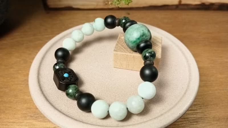 珠串設計手鍊 老花青緬甸玉+緬甸玉+黑曜石+檀木/霧面可把玩