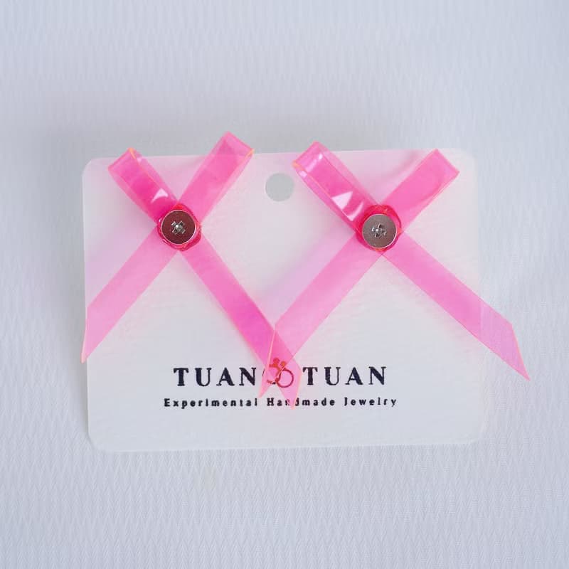 夏日清透清新少女粉紅色蝴蝶結原創手作設計耳環耳飾