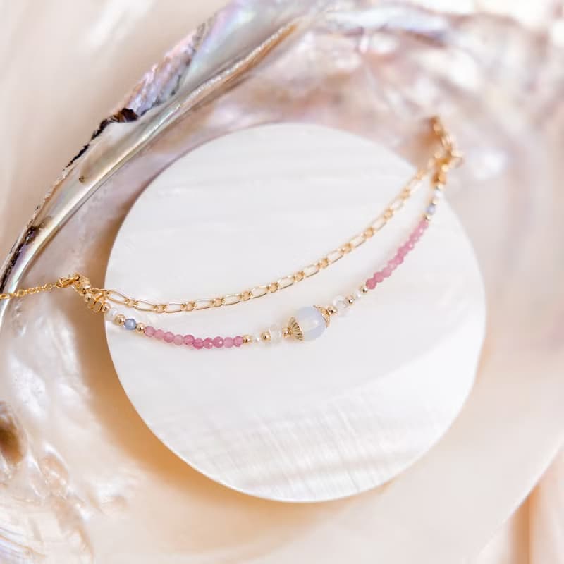 桃花 x 粉碧璽 蛋白石 白水晶 珍珠【天竺葵 • 偶然相遇】手鍊