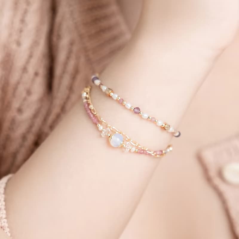 桃花 x 粉碧璽 蛋白石 白水晶 珍珠【天竺葵 • 偶然相遇】手鍊