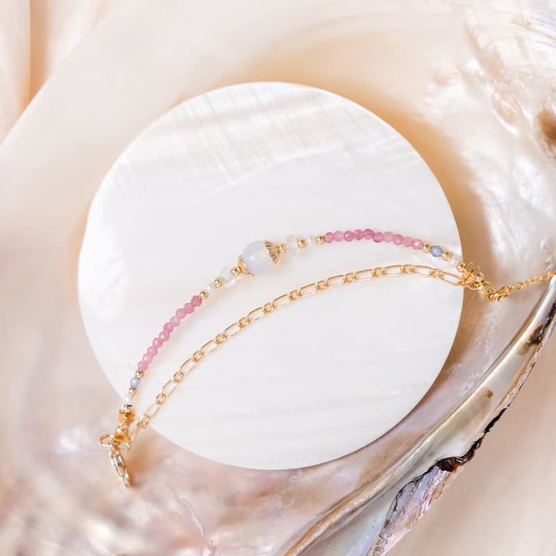 桃花 x 粉碧璽 蛋白石 白水晶 珍珠【天竺葵 • 偶然相遇】手鍊