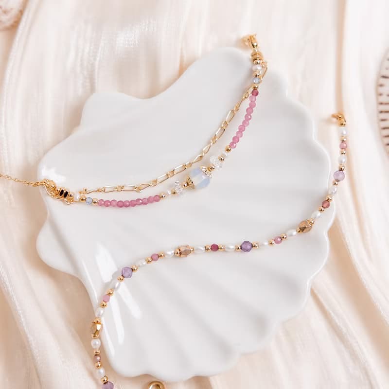 桃花 x 粉碧璽 蛋白石 白水晶 珍珠【天竺葵 • 偶然相遇】手鍊