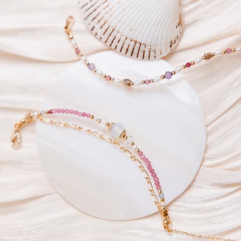 桃花 x 粉碧璽 蛋白石 白水晶 珍珠【天竺葵 • 偶然相遇】手鍊