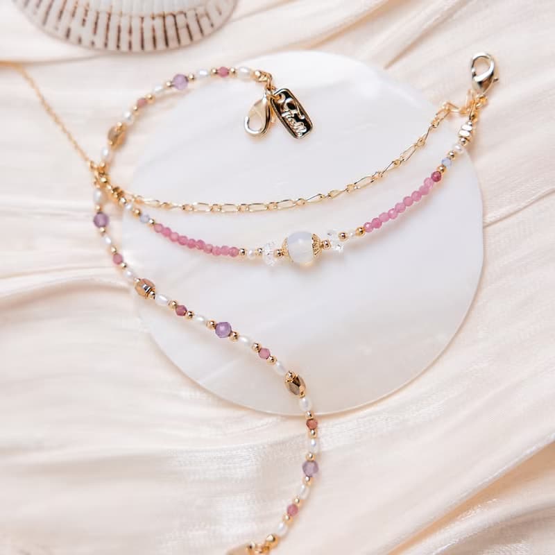 桃花 x 粉碧璽 蛋白石 白水晶 珍珠【天竺葵 • 偶然相遇】手鍊