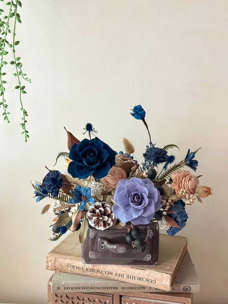 霧藍木質調 永生花 乾燥花 盆花 開幕 居家擺設
