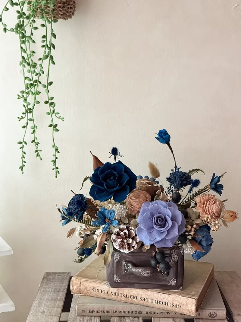 霧藍木質調 永生花 乾燥花 盆花 開幕 居家擺設