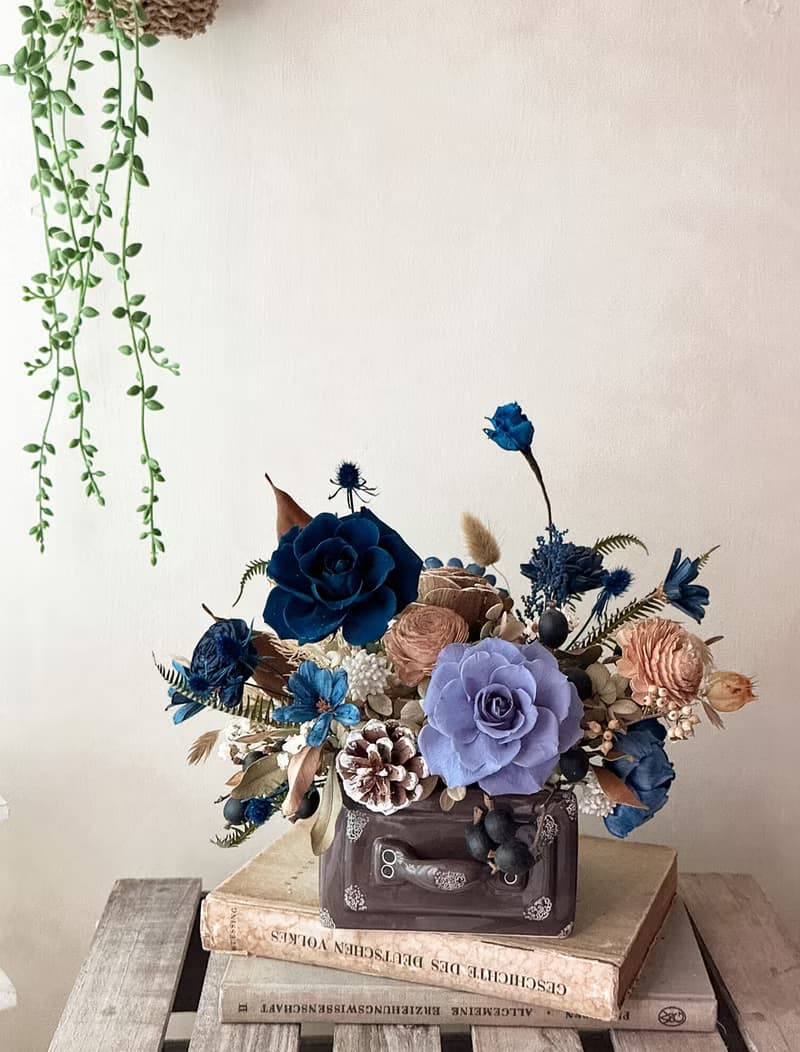霧藍木質調 永生花 乾燥花 盆花 開幕 居家擺設