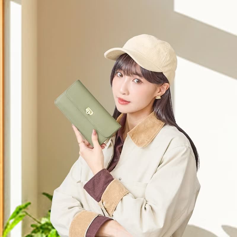 納帕6卡1照馬蹄扣牛皮長夾4106(淺抹綠)