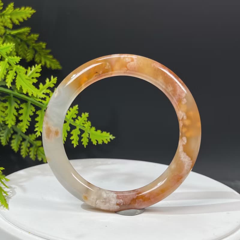 櫻花瑪瑙手鐲58MM 冰潤起光結晶飄花焦糖色玉髓手環 活潑純真友善