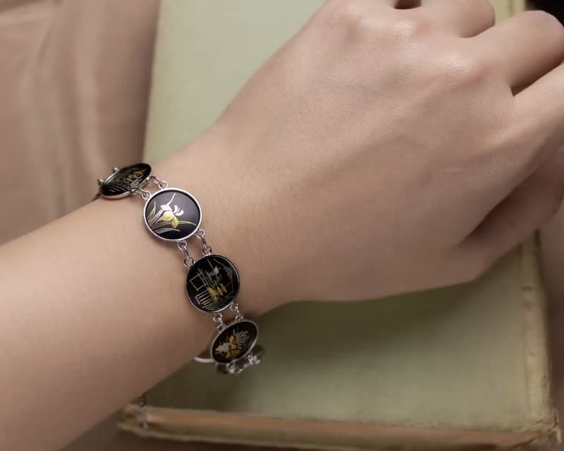 日本Amita古董 京象嵌 金銀鑲嵌工藝 多樣日式圖騰 手鍊耳夾套組