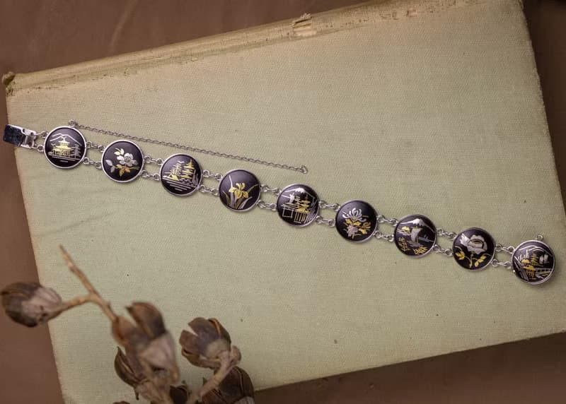 日本Amita古董 京象嵌 金銀鑲嵌工藝 多樣日式圖騰 手鍊耳夾套組