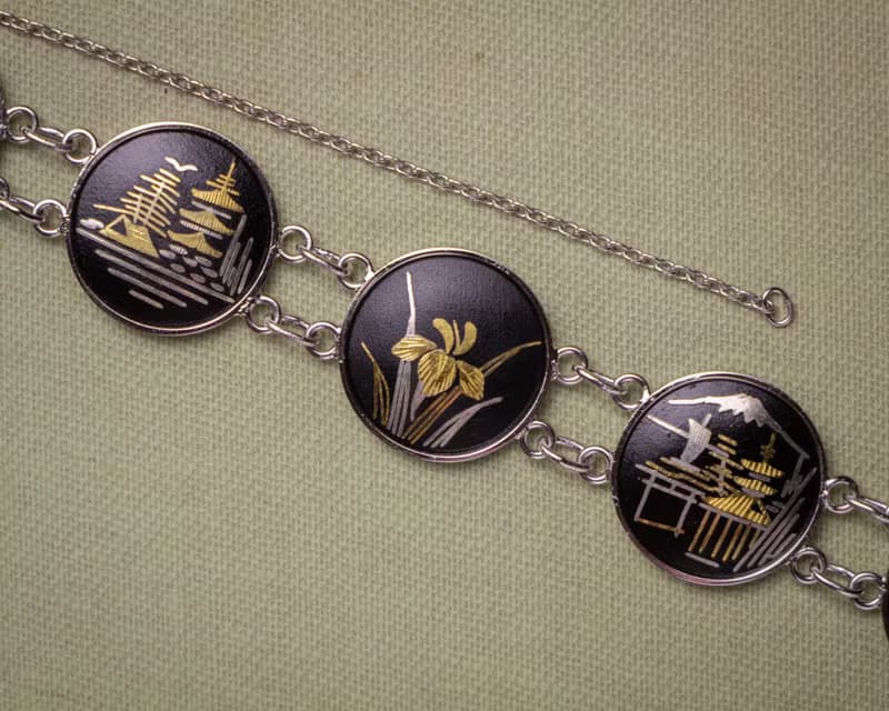 日本Amita古董 京象嵌 金銀鑲嵌工藝 多樣日式圖騰 手鍊耳夾套組