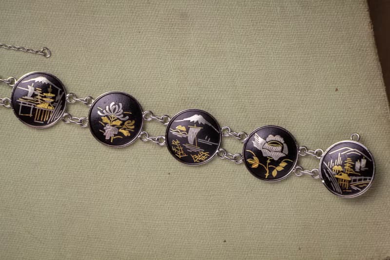 日本Amita古董 京象嵌 金銀鑲嵌工藝 多樣日式圖騰 手鍊耳夾套組