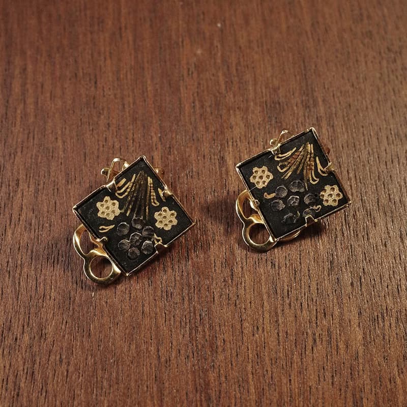 象嵌細工 和風鑲嵌 大馬士革金屬鑲嵌工藝 金鑲花 昭和 夾式 耳環