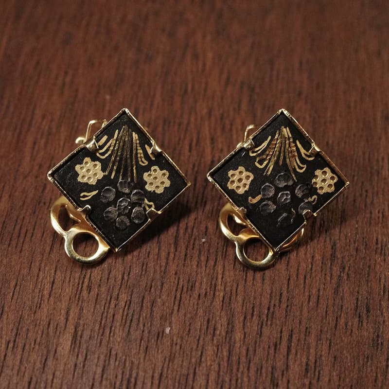 象嵌細工 和風鑲嵌 大馬士革金屬鑲嵌工藝 金鑲花 昭和 夾式 耳環
