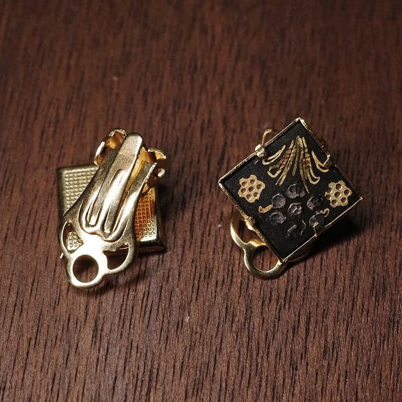 象嵌細工 和風鑲嵌 大馬士革金屬鑲嵌工藝 金鑲花 昭和 夾式 耳環