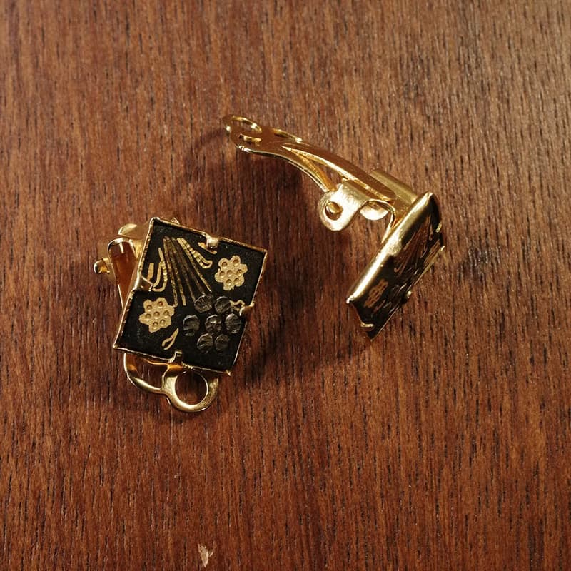 象嵌細工 和風鑲嵌 大馬士革金屬鑲嵌工藝 金鑲花 昭和 夾式 耳環