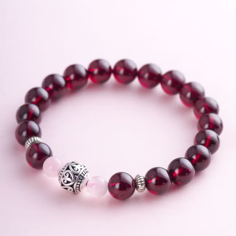 5A 石榴石粉水晶手鍊 | 925純銀天然水晶手鏈