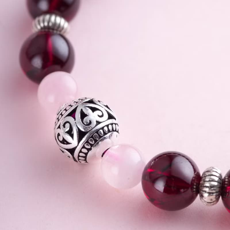 5A 石榴石粉水晶手鍊 | 925純銀天然水晶手鏈