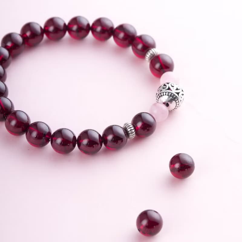 5A 石榴石粉水晶手鍊 | 925純銀天然水晶手鏈