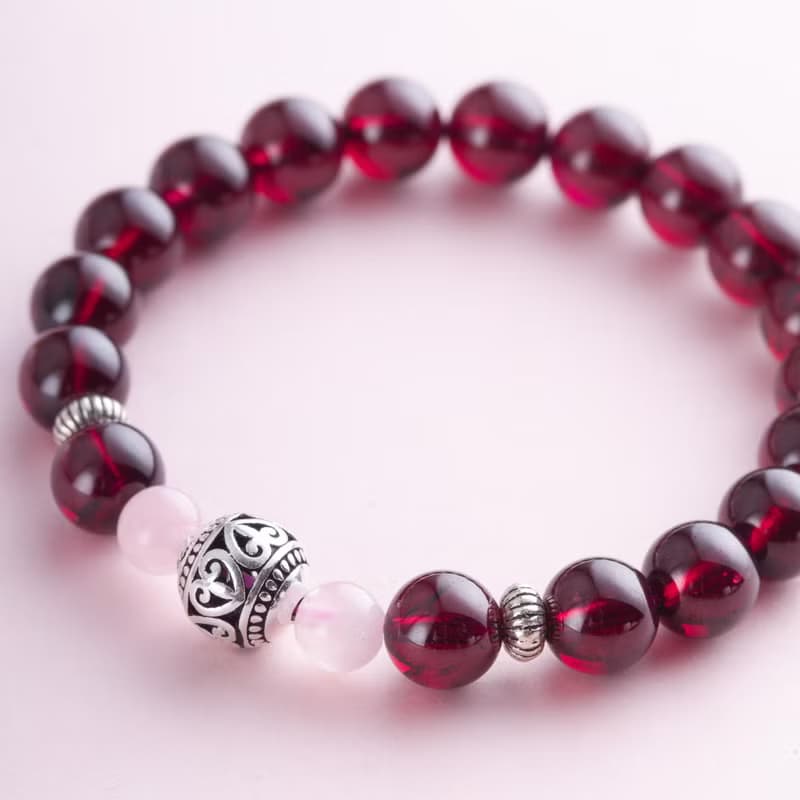 5A 石榴石粉水晶手鍊 | 925純銀天然水晶手鏈