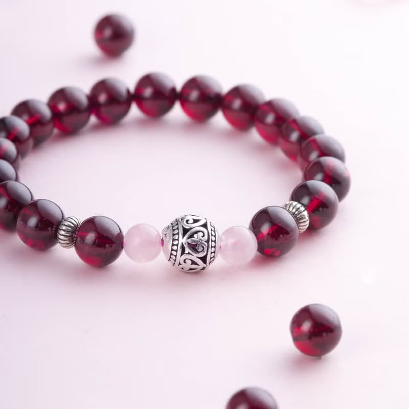 5A 石榴石粉水晶手鍊 | 925純銀天然水晶手鏈