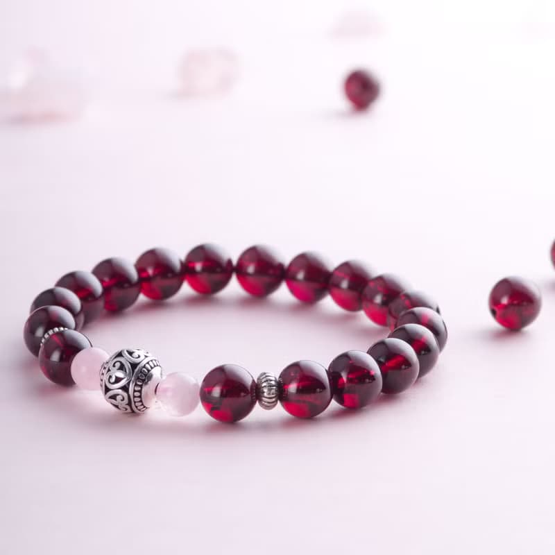 5A 石榴石粉水晶手鍊 | 925純銀天然水晶手鏈