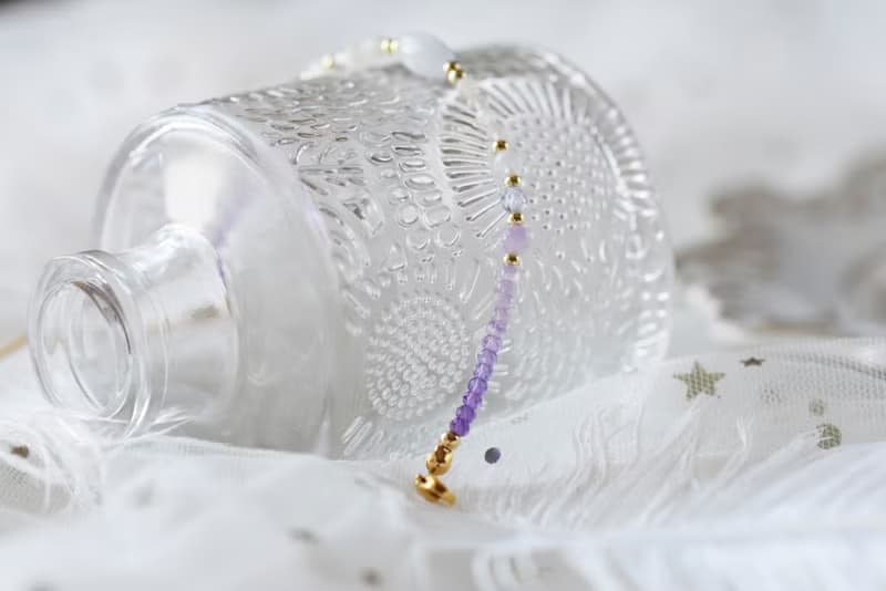 初見。紫水晶 紫玉 白月亮石 月亮石 14K包金 天然石水晶 手鍊