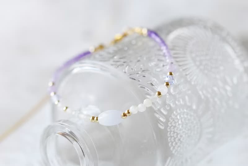 初見。紫水晶 紫玉 白月亮石 月亮石 14K包金 天然石水晶 手鍊