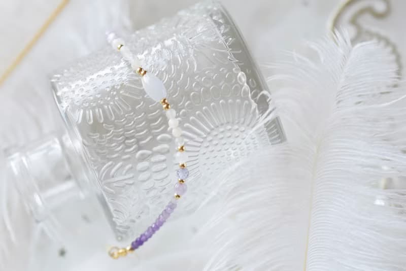 初見。紫水晶 紫玉 白月亮石 月亮石 14K包金 天然石水晶 手鍊