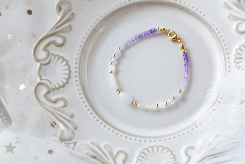 初見。紫水晶 紫玉 白月亮石 月亮石 14K包金 天然石水晶 手鍊