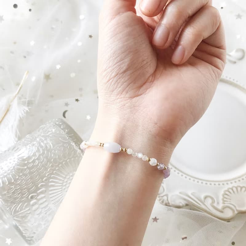 初見。紫水晶 紫玉 白月亮石 月亮石 14K包金 天然石水晶 手鍊