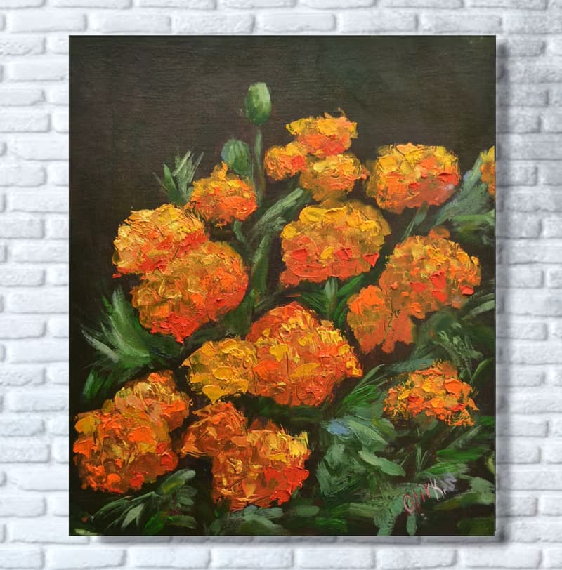 Marigolds Original Art Orange Floral Art Tagetes Oil Painting Bouquet Tagetes
