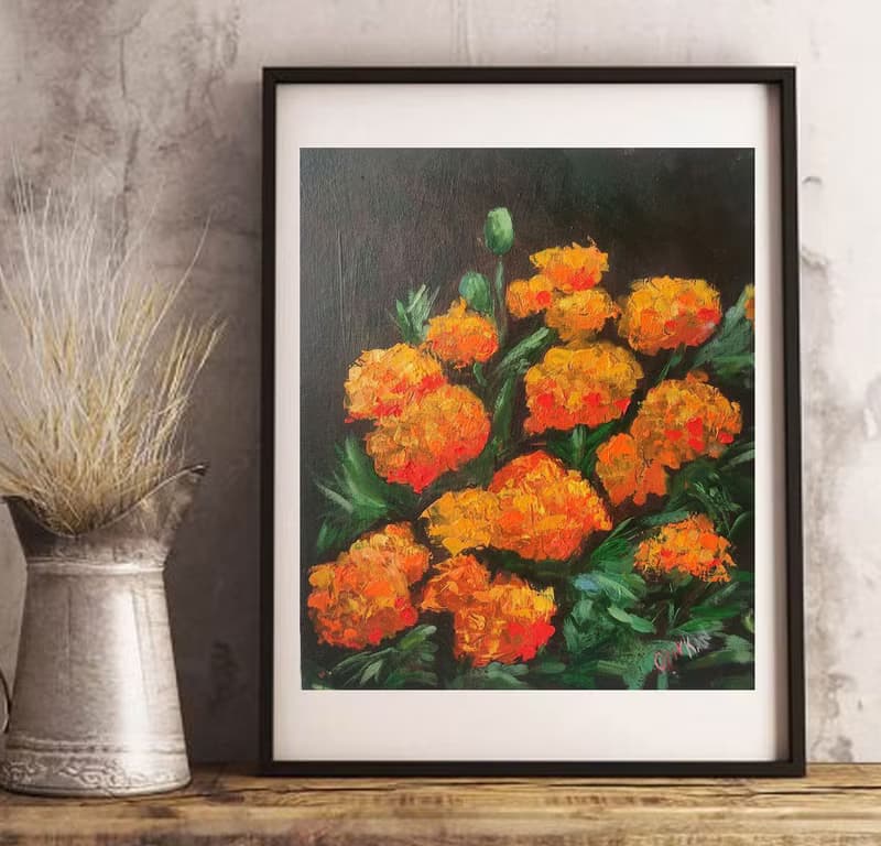 Marigolds Original Art Orange Floral Art Tagetes Oil Painting Bouquet Tagetes