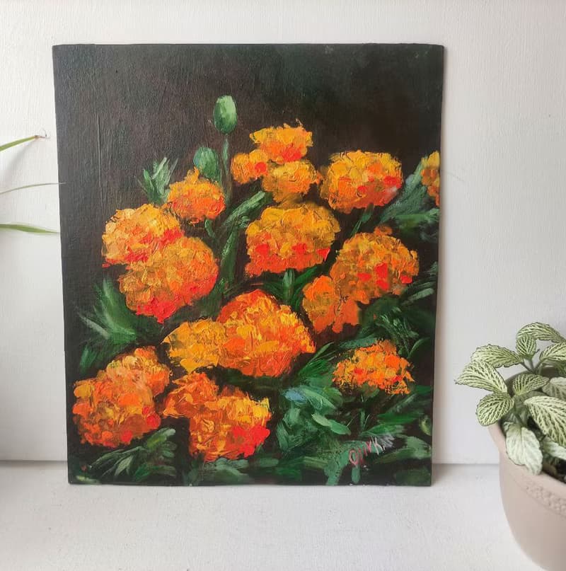 Marigolds Original Art Orange Floral Art Tagetes Oil Painting Bouquet Tagetes