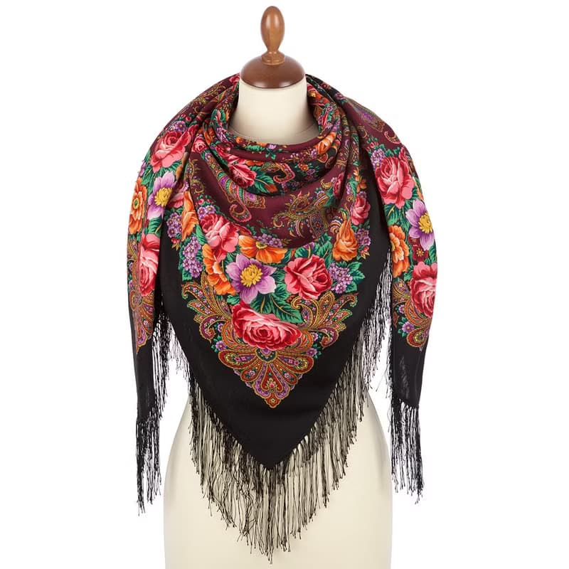 Pavlovo Posad Russian Shawl 100% Wool Scarf 125x125 cm Wrap Silk Fringe 1824-18