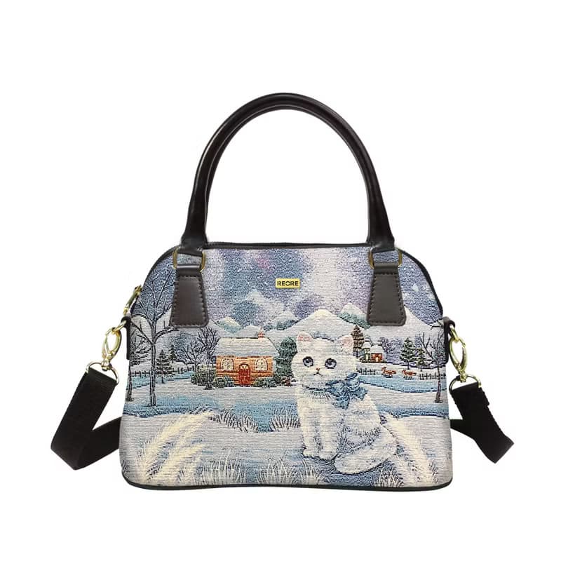 貝殼兩用包  真皮 / 布防潑水 平織緹花 極光波斯貓 阿曼達