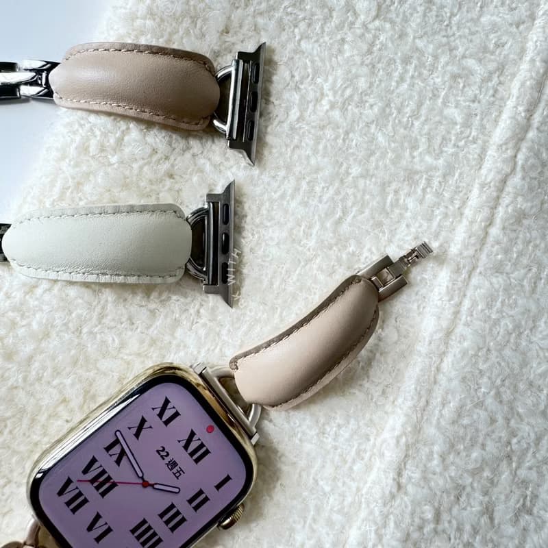 Apple Watch | 奶杏色星光/正銀真皮質感不鏽鋼手鐲錶帶 4色