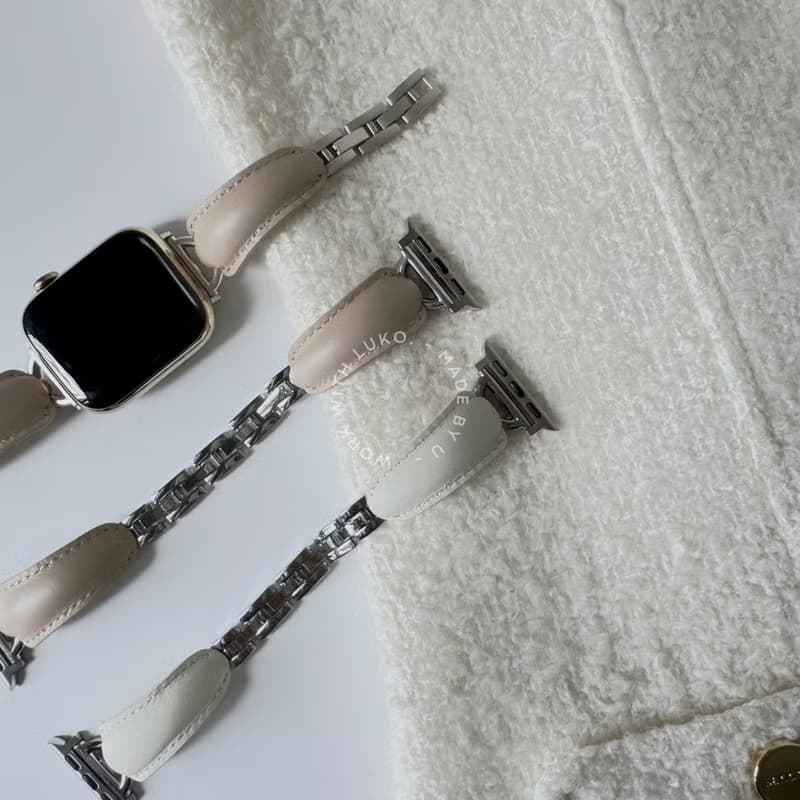 Apple Watch | 奶杏色星光/正銀真皮質感不鏽鋼手鐲錶帶 4色