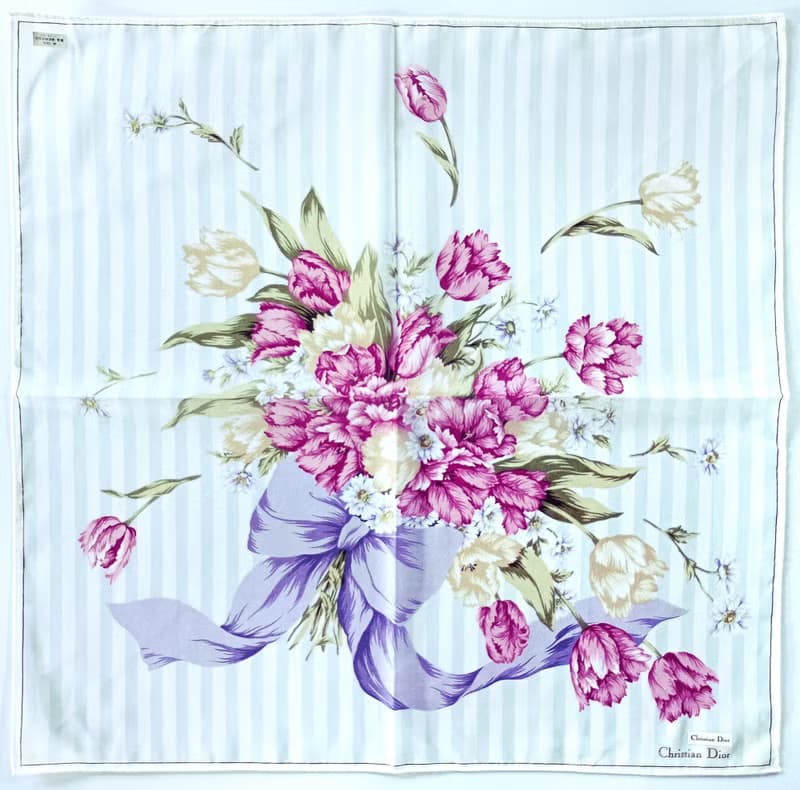 Christian Dior Vintage Handkerchief — Floral Bouquet on Blue 19.5 x 19.5 inches