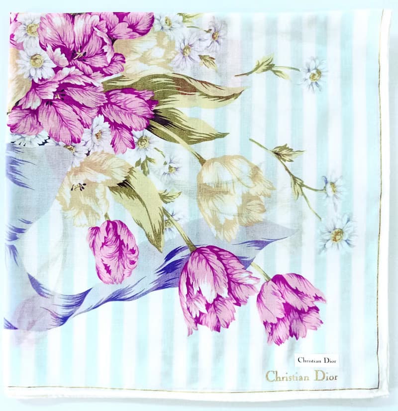 Christian Dior Vintage Handkerchief — Floral Bouquet on Blue 19.5 x 19.5 inches