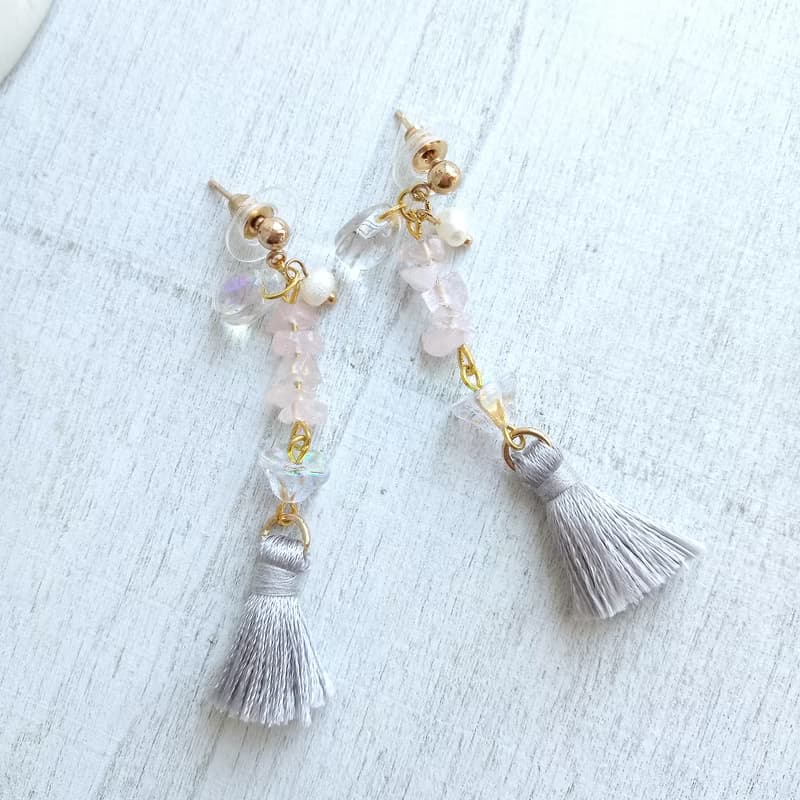 Aiyana 夢幻少女系列 粉水晶 天然珍珠 水滴流蘇耳環 - 耳針/耳夾