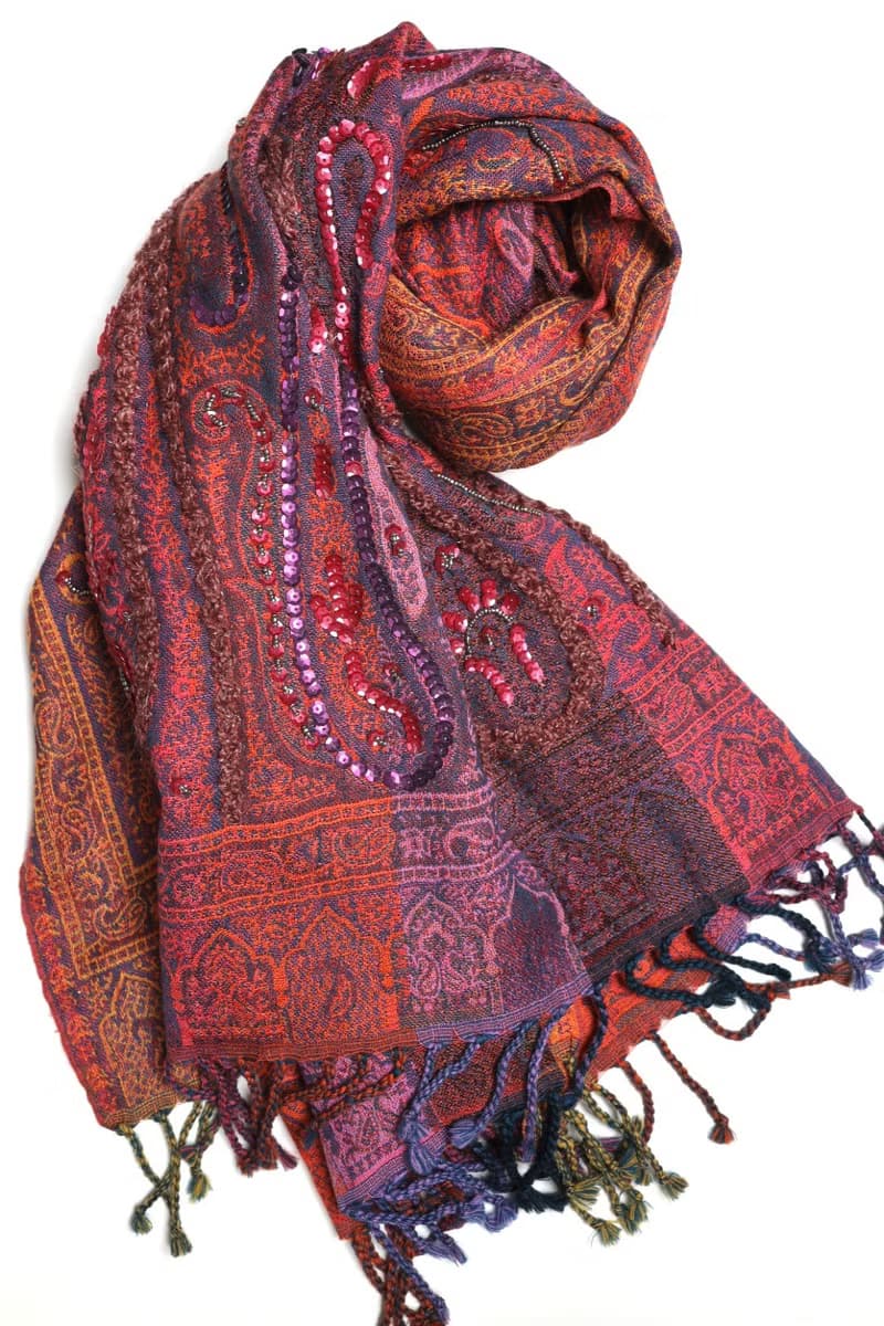【精品禮盒】喀什米爾水煮羊毛手工刺繡圍巾披肩紫橘紅色彩條釘珠