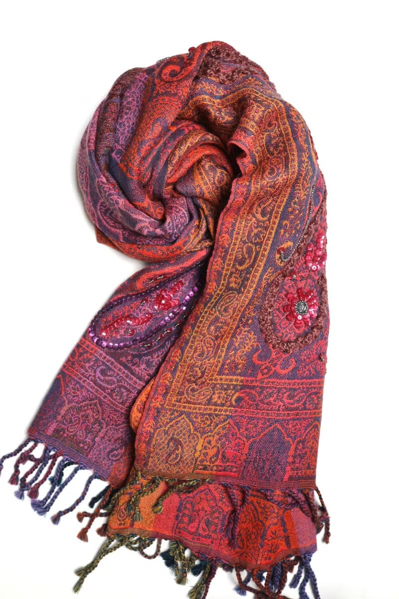 【精品禮盒】喀什米爾水煮羊毛手工刺繡圍巾披肩紫橘紅色彩條釘珠