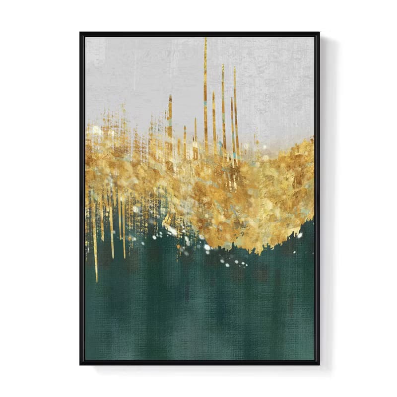 綠松石嵌金絲I - 金色葉子深綠抽象畫/輕奢抽象藝術畫/居家設計