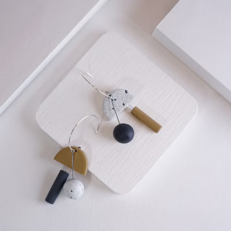 Everly 原創設計 手工軟陶 幾何925純銀 耳環 耳夾 polymer clay