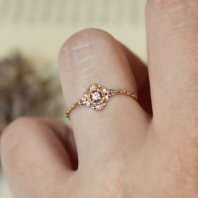 【蕾絲雕花】18K 日系典雅雕花單鑽鍊戒 鑽石鍊戒 雕花單鑽鍊戒