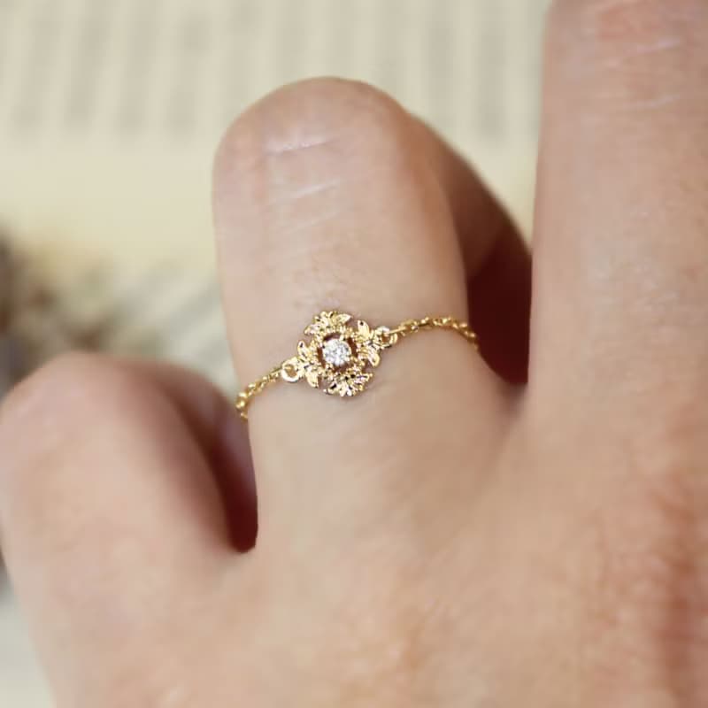 【蕾絲雕花】18K 日系典雅雕花單鑽鍊戒 鑽石鍊戒 雕花單鑽鍊戒