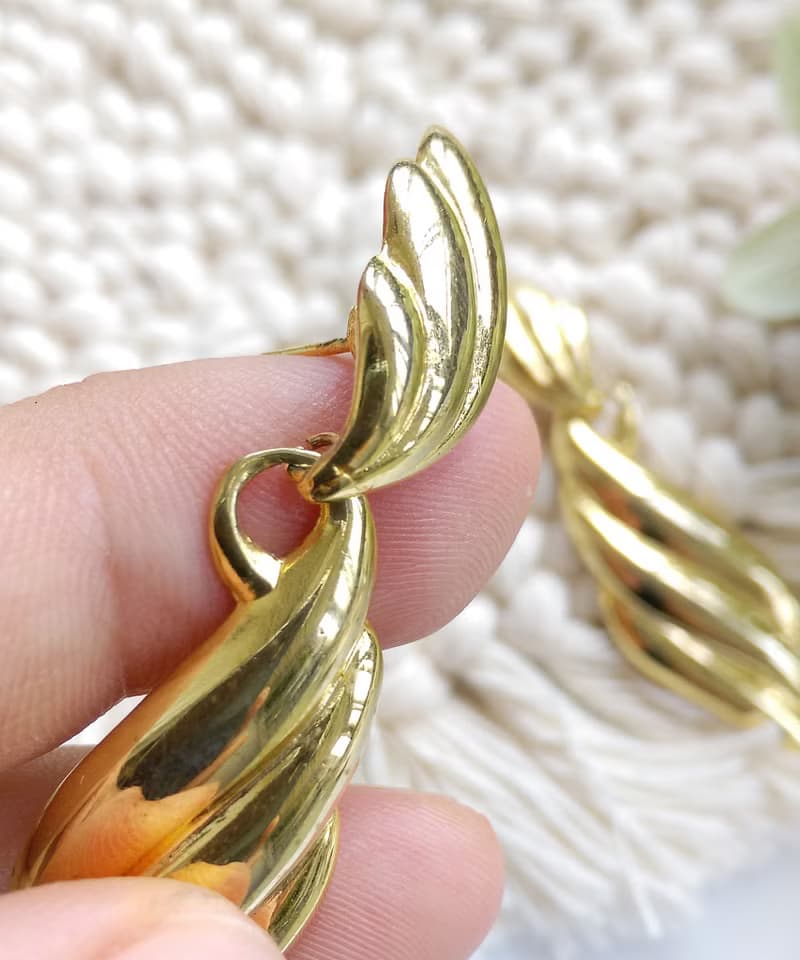 Vintage Jewelry 西洋古董飾品 金色調 對稱 羽毛 針式耳環