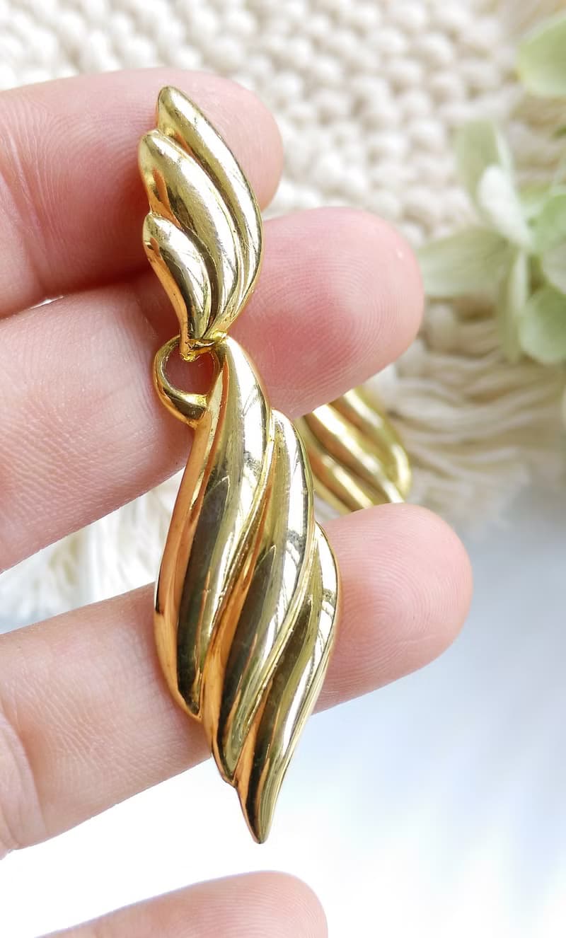 Vintage Jewelry 西洋古董飾品 金色調 對稱 羽毛 針式耳環